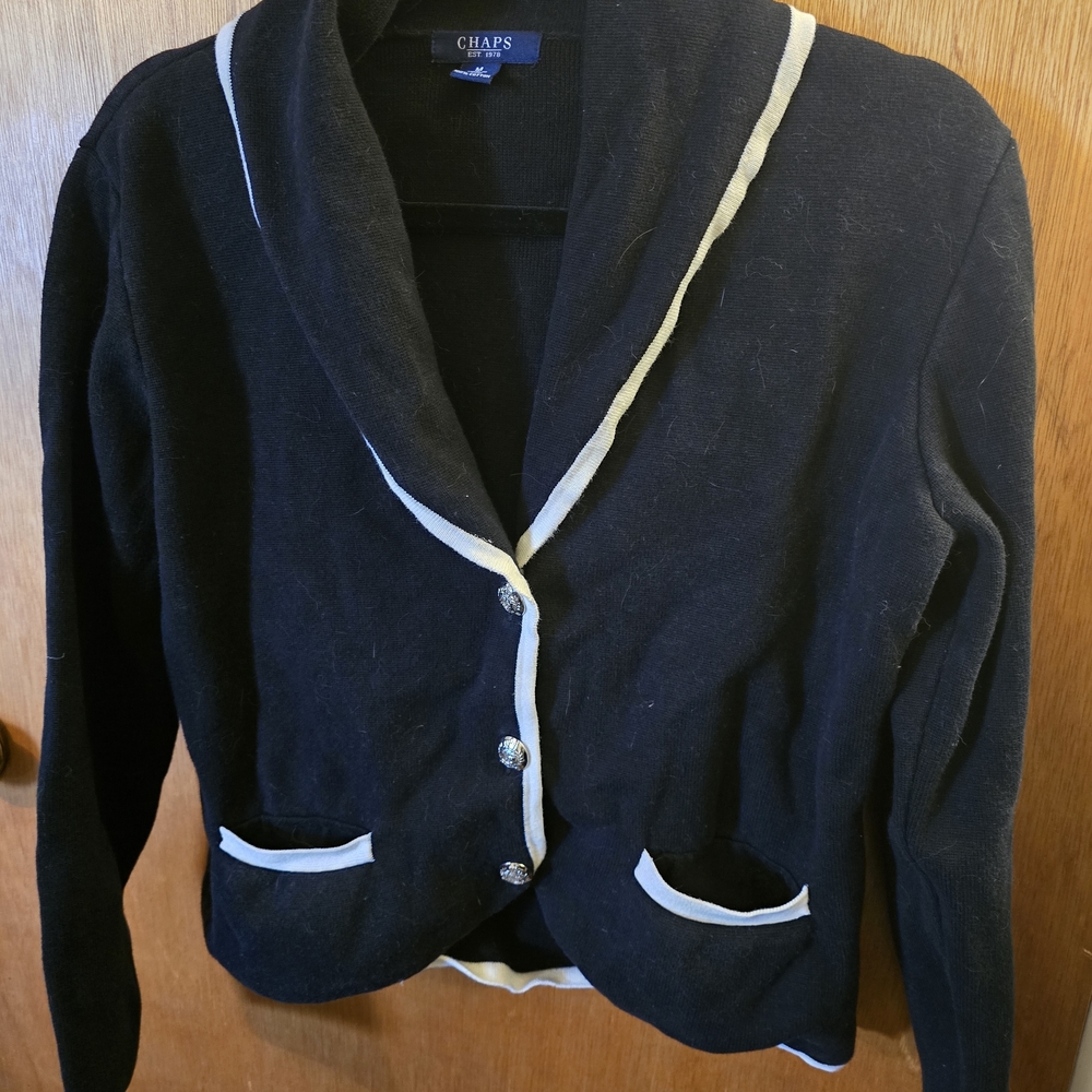 Chaps Black Sweater Cardigan with Classic White Trim